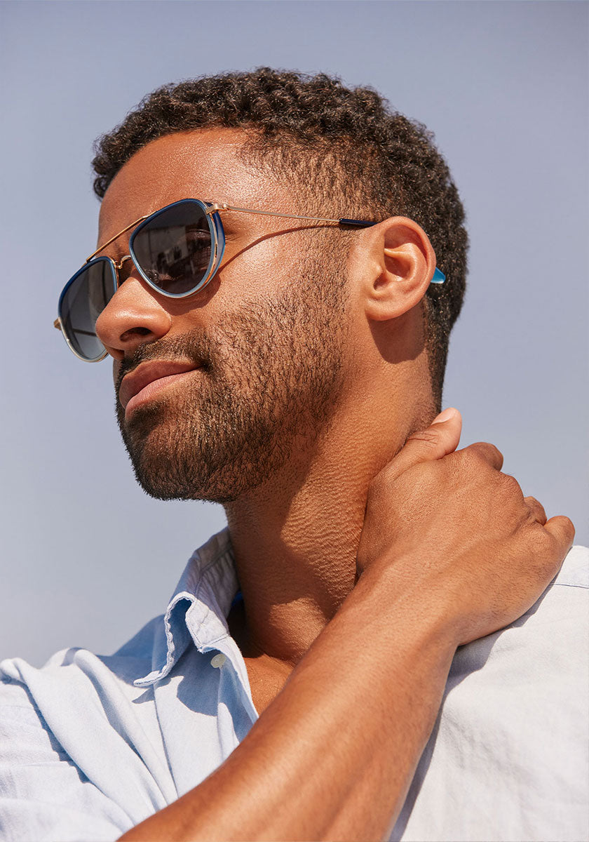 COLEMAN | 18K + Matte Indigo Fade + Gravity Handcrafted, navy acetate luxury KREWE sunglasses mens model