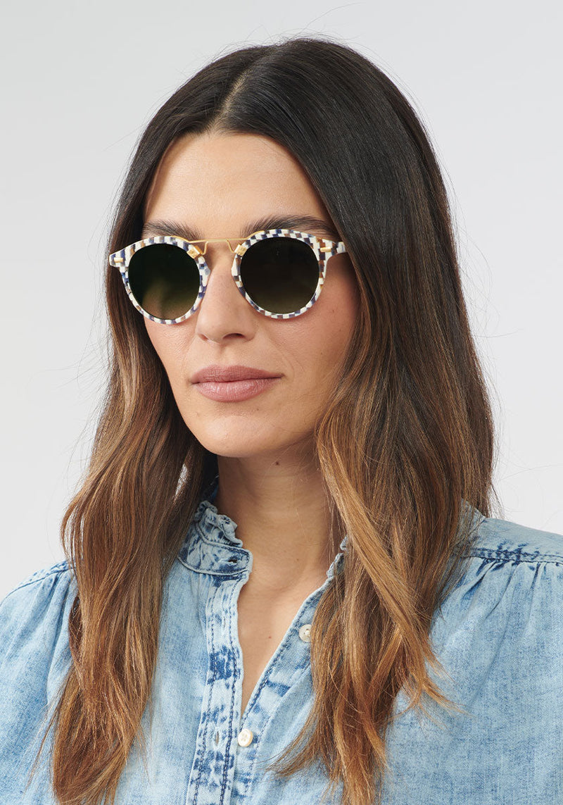 KREWE - Designer Round Sunglasses - ST. LOUIS CLASSICS | Pincheck 18K Handcrafted, luxury blue and white checkered acetate round sunglasses with a double metal bridge. A bestseller. Oliver Peoples Sunglasses, Moscot sunglasses womens model | Model: Olga