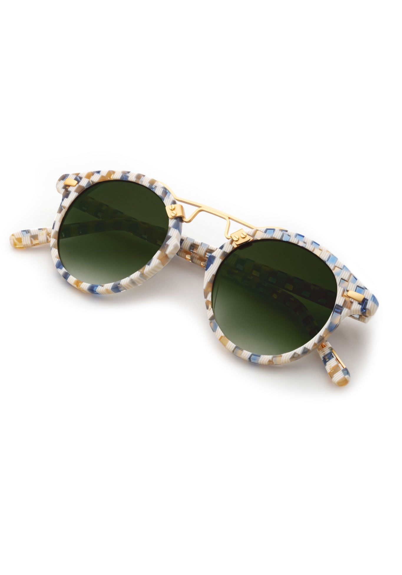 KREWE - Designer Round Sunglasses - ST. LOUIS CLASSICS | Pincheck 18K Handcrafted, luxury blue and white checkered acetate round sunglasses with a double metal bridge. A bestseller. Oliver Peoples Sunglasses, Moscot sunglasses