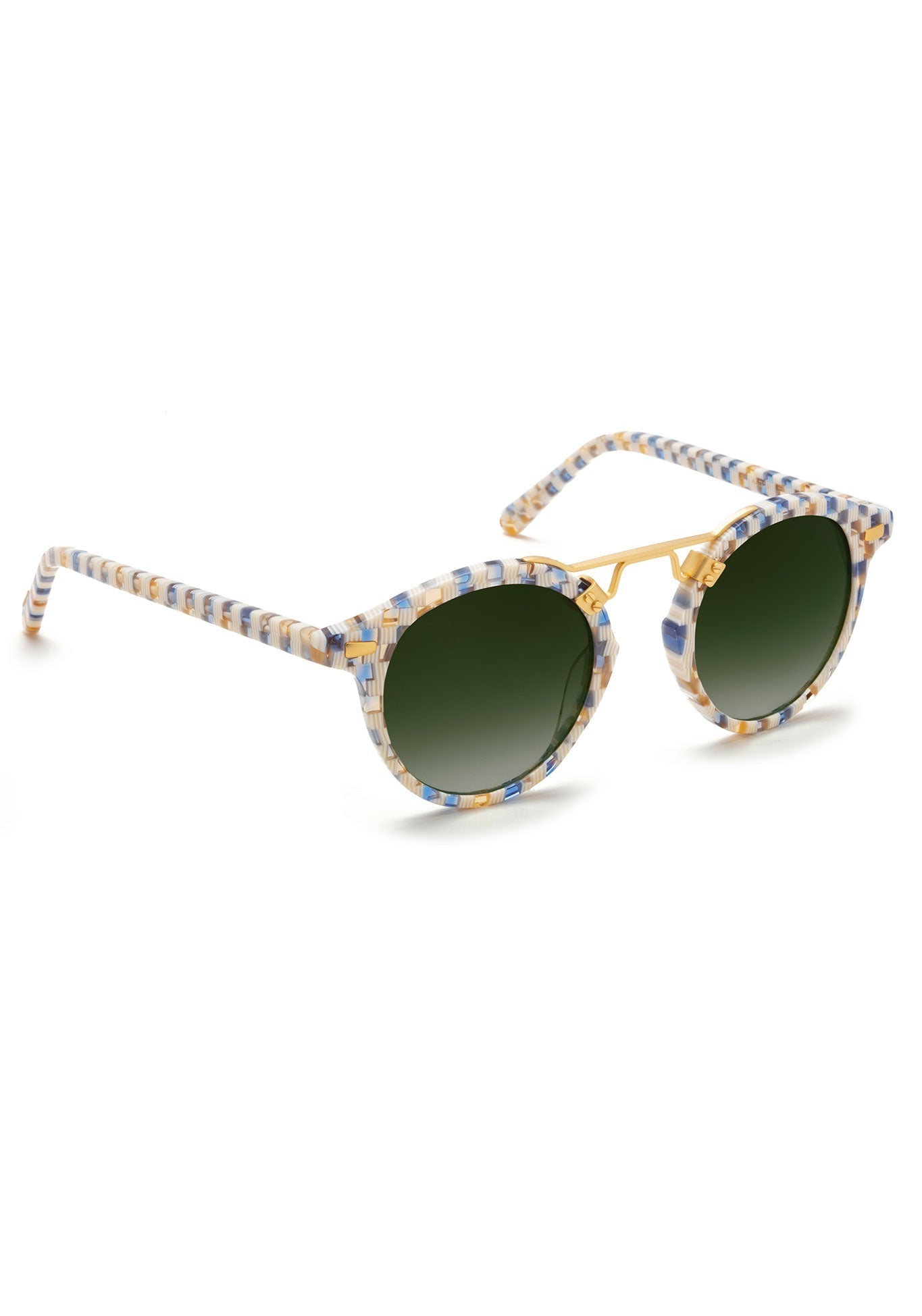 KREWE - Designer Round Sunglasses - ST. LOUIS CLASSICS | Pincheck 18K Handcrafted, luxury blue and white checkered acetate round sunglasses with a double metal bridge. A bestseller. Oliver Peoples Sunglasses, Moscot sunglasses